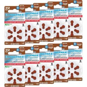 imagePowermax Size 312 Hearing Aid Batteries 60 Count LongLasting Battery Pack Brown Long Tab for Easy Change312  60 Count